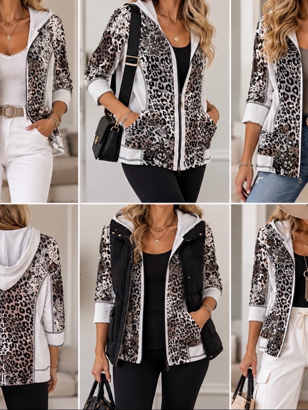 Joseph Ribkoff White and Black Leopard Print Zip Front Jacket Sz 6